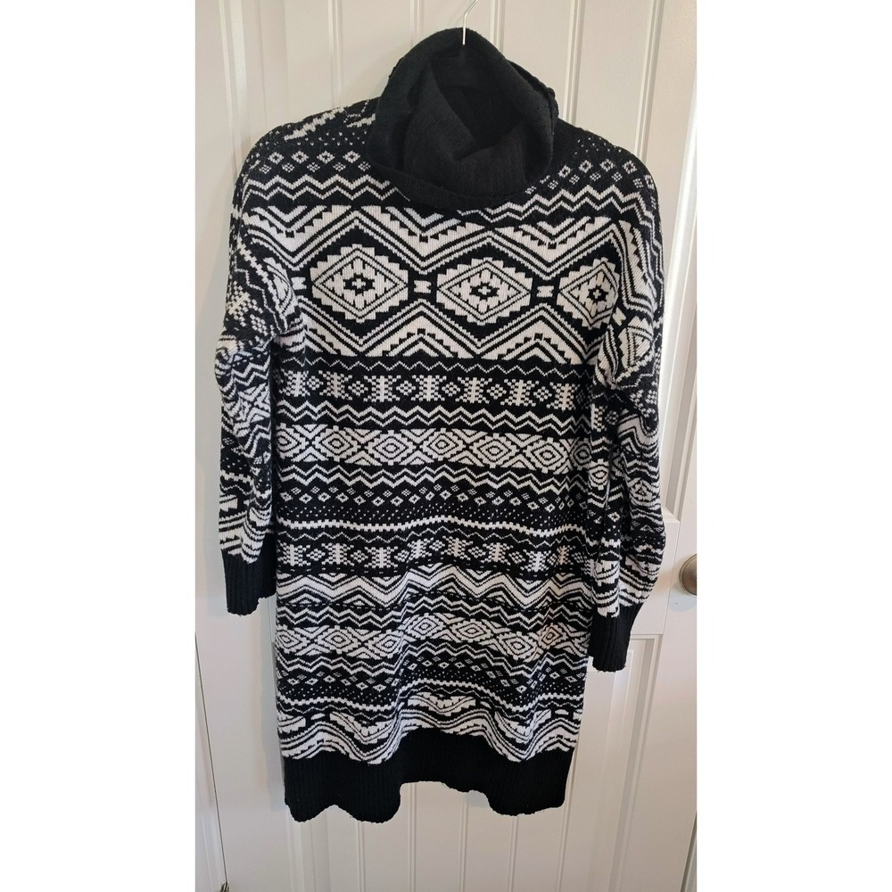 Women Size S LOFT Nordic Fair Isle Turtleneck Sweater Dress Black White